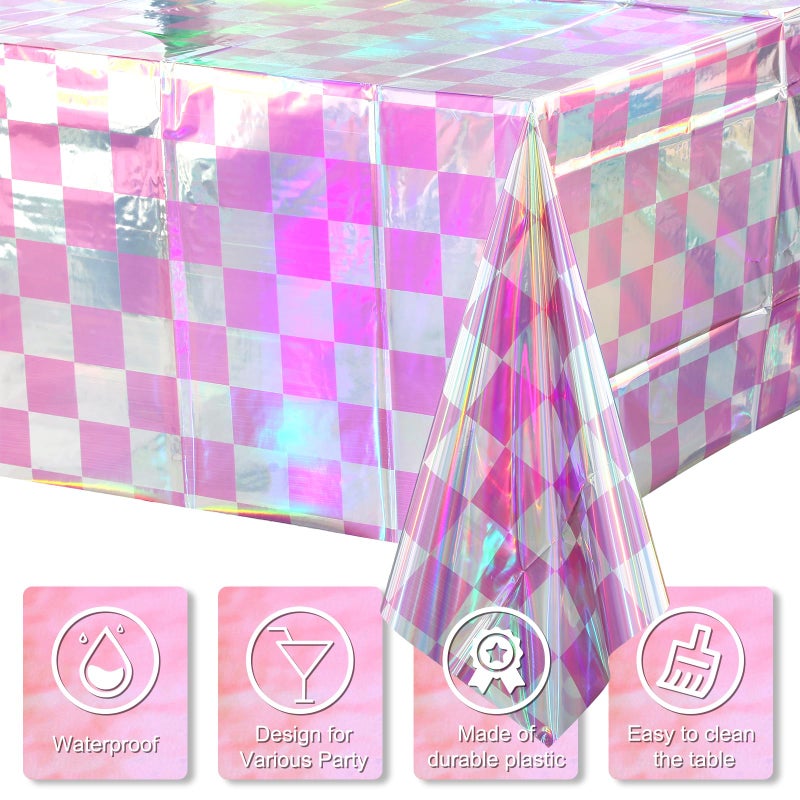FunnyPars 3 Pack Pink and Iridescent Checkered Plastic Tablecloth  Shiny Disposable Laser Rectangle Table Covers  Holographic Foil Tablecloth Iridescent Party Decorations for Picnic Camping Outdoor  54x108Inch - Image 3